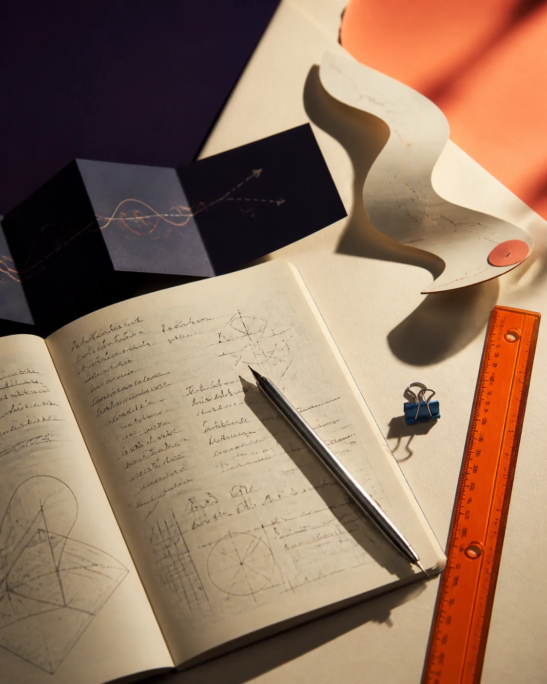 An editorial still life of an annotated notebook, pencil, translucent ruler, and folded study plan